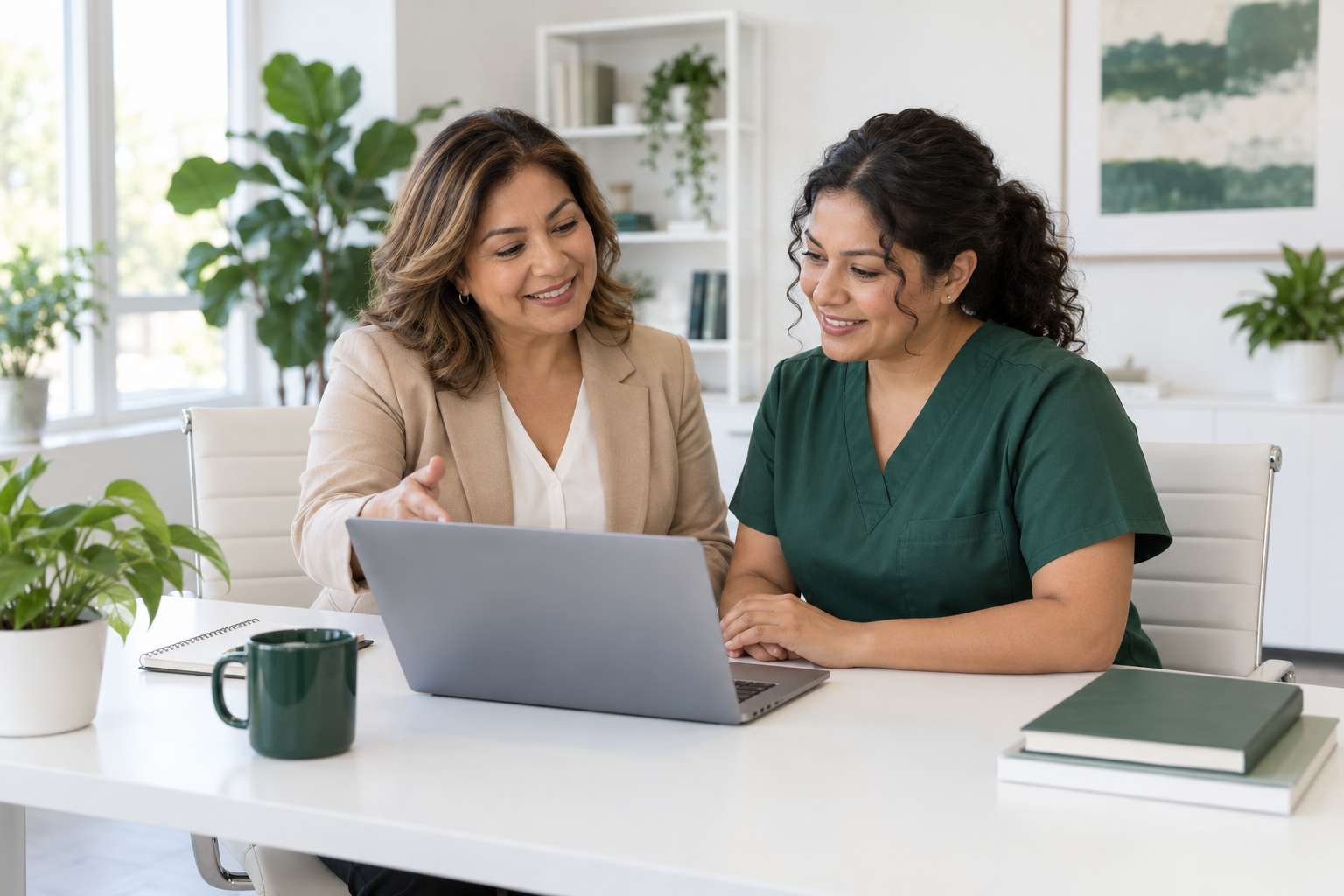 Coordinadora y cuidadora conversando frente a una computadora